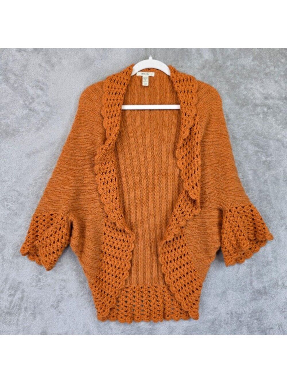 MNG Suit Sweater Shrug Womens One Size Orange Crochet Open Knit Boho 3/4 Sleeve